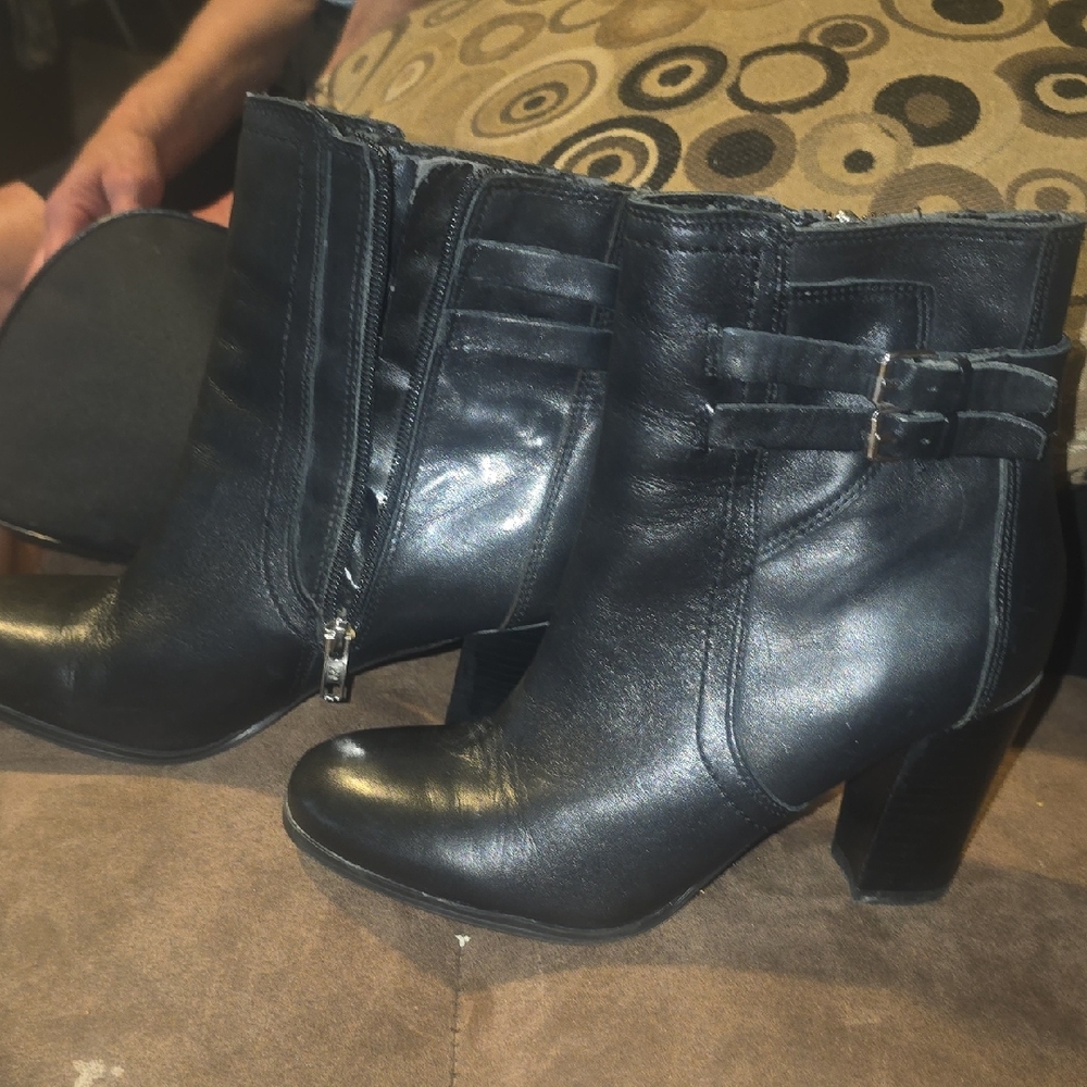 Marc Fisher Black Faux Leather Ankle Booties with Buckle Straps